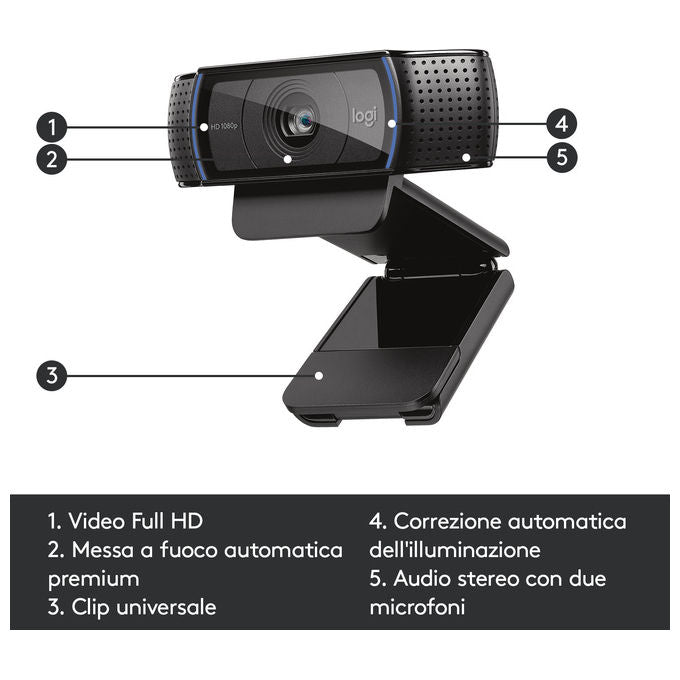 Logitech, Webcam HD Pro C920, Full HD 1080p, Audio Stereo, Correzione Luce HD