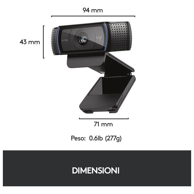 Logitech, Webcam HD Pro C920, Full HD 1080p, Audio Stereo, Correzione Luce HD