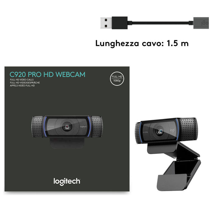Logitech, Webcam HD Pro C920, Full HD 1080p, Audio Stereo, Correzione Luce HD