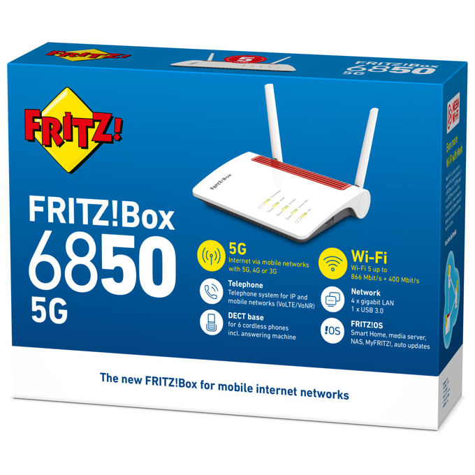 FRITZ! 6850 5G Modem Router Wireless Dual Band Wi-Fi 5 4 porte Gigabit Ethernet USB 3.0 VoIP Base DECT SIM Slot colore Bianco