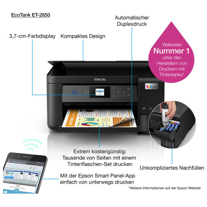 Epson C11CJ63405 EcoTank ET-2850 Stampante Multifunzione Inkjet A4 3 in 1 Serbatoi Ricaricabili Wi-Fi USB 5760x1440 DPI colore Nero