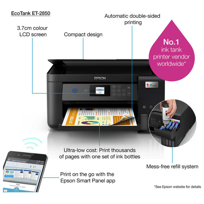 Epson C11CJ63405 EcoTank ET-2850 Stampante Multifunzione Inkjet A4 3 in 1 Serbatoi Ricaricabili Wi-Fi USB 5760x1440 DPI colore Nero