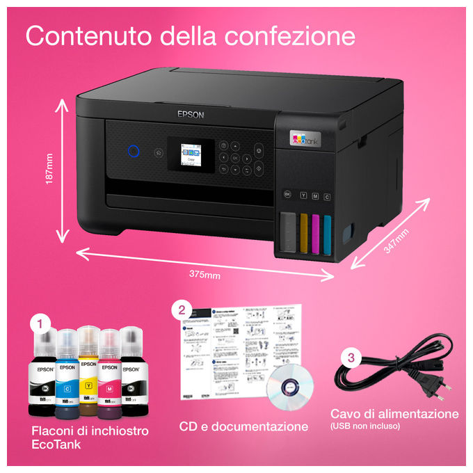 Epson C11CJ63405 EcoTank ET-2850 Stampante Multifunzione Inkjet A4 3 in 1 Serbatoi Ricaricabili Wi-Fi USB 5760x1440 DPI colore Nero