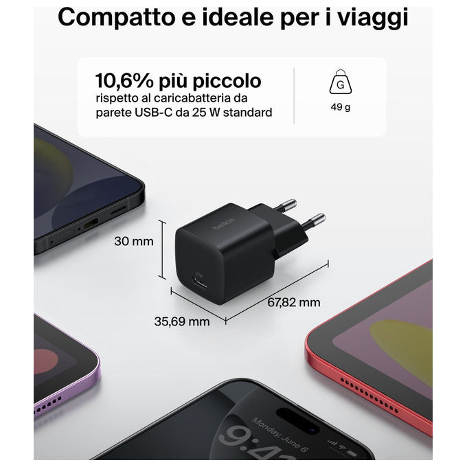 Belkin Caricatore USB-C 25 W Ricarica Rapida per iPhone e Samsung Nero