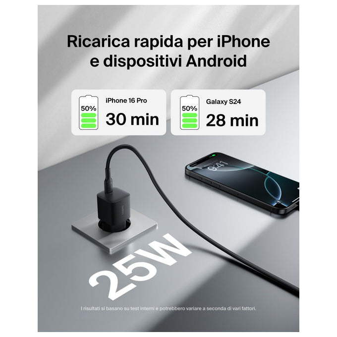 Belkin Caricatore USB-C 25 W Ricarica Rapida per iPhone e Samsung Nero
