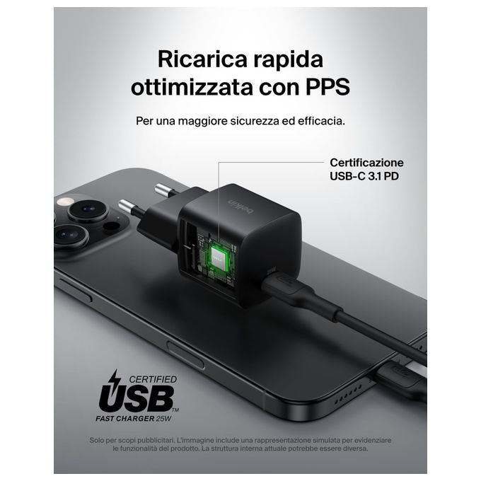 Belkin Caricatore USB-C 25 W Ricarica Rapida per iPhone e Samsung Nero