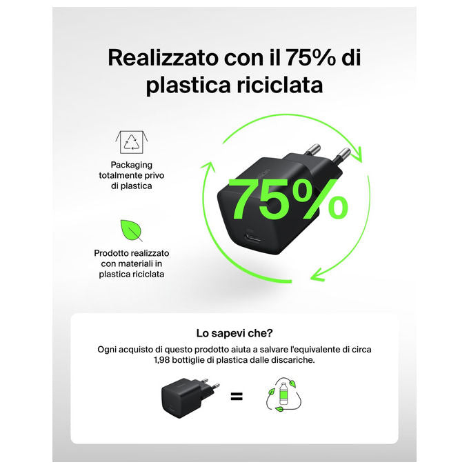 Belkin Caricatore USB-C 25 W Ricarica Rapida per iPhone e Samsung Nero
