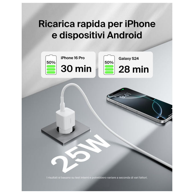 Belkin Caricatore USB-C 25W Ricarica Rapida per iPhone e Samsung Bianco