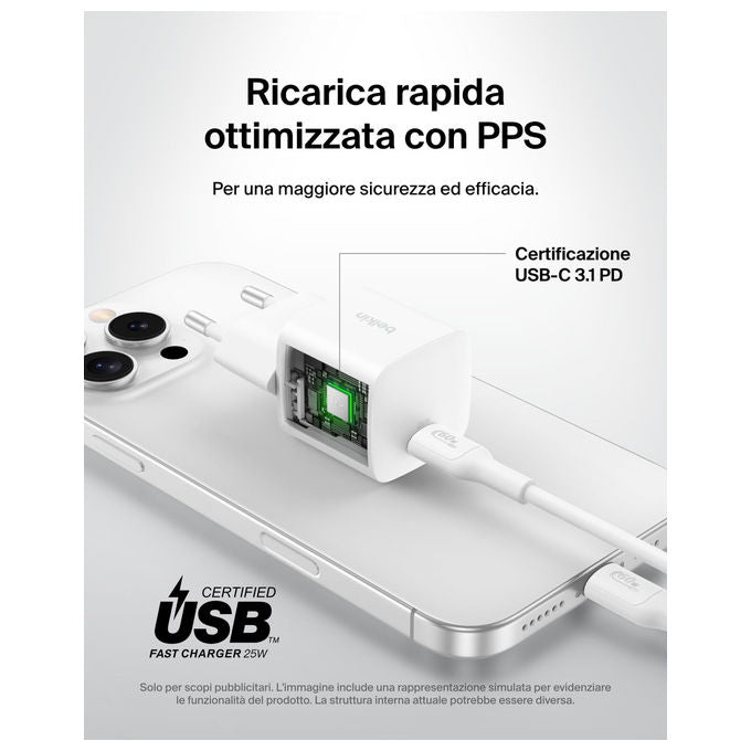 Belkin Caricatore USB-C 25W Ricarica Rapida per iPhone e Samsung Bianco