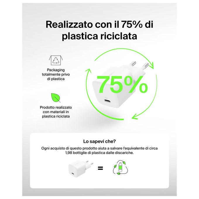 Belkin Caricatore USB-C 25W Ricarica Rapida per iPhone e Samsung Bianco