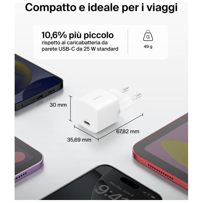 Belkin, Caricatore USB-C 25W, con Cavo Tipo C 60W, Ricarica Rapida, Bianco