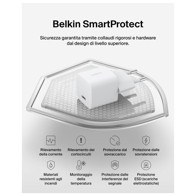 Belkin, Caricatore USB-C 25W, con Cavo Tipo C 60W, Ricarica Rapida, Bianco