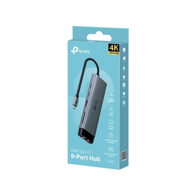 TP-Link, Hub USB-C 9 in 1, 5000 Mbit-s, HDMI, RJ-45, Grigio Scuro