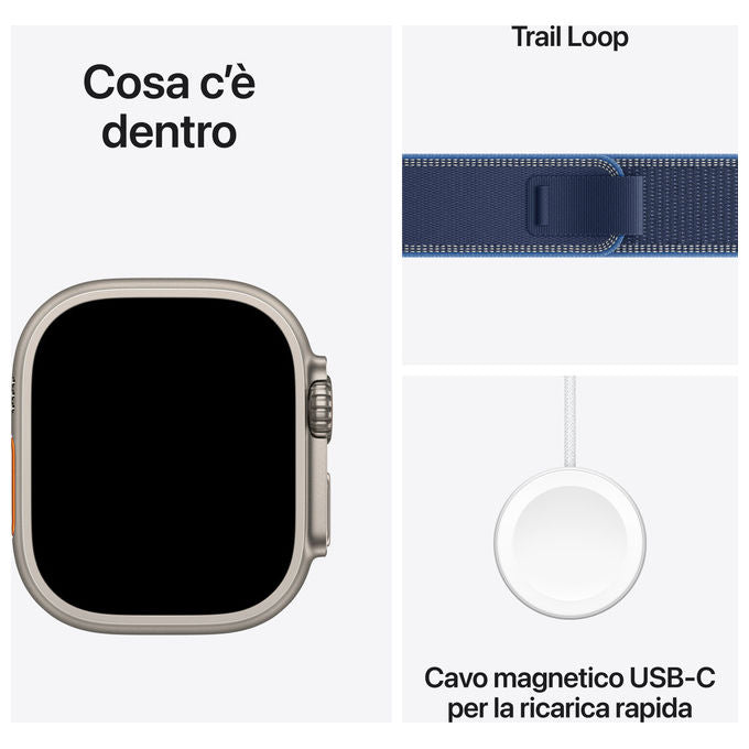 Apple Watch Ultra 3 GPS + Cellular 49mm cassa titanio Trail Loop Blu Blu Acceso S-M