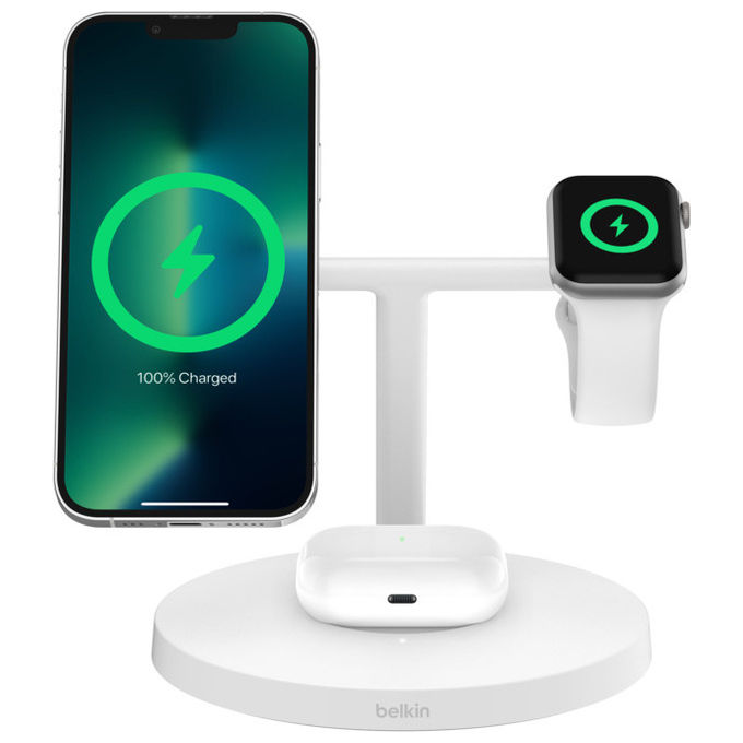 Belkin BoostCharge Pro, Caricatore Wireless 3-in-1 Qi2, Ricarica Rapida, Bianco, per Smartphone, Cuffie e Orologi