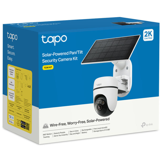 Tapo TC90KIT Telecamera IP Esterna Pan Tilt 2K 3MP 360° Wi-Fi Pannello Solare Rilevamento AI IP65 colore Bianco
