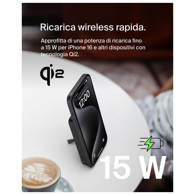 Belkin BPD006BTBK BoostCharge Pro Power Bank Wireless Qi2 15W 5000 mAh MagSafe Supporto Integrato colore Nero