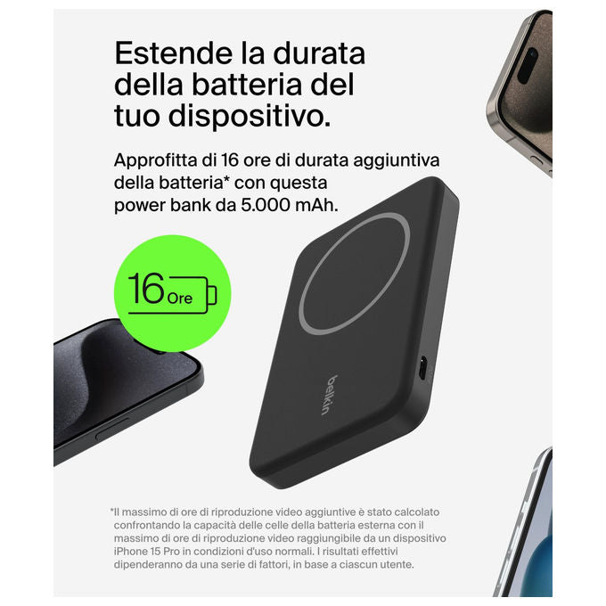 Belkin BPD006BTBK BoostCharge Pro Power Bank Wireless Qi2 15W 5000 mAh MagSafe Supporto Integrato colore Nero