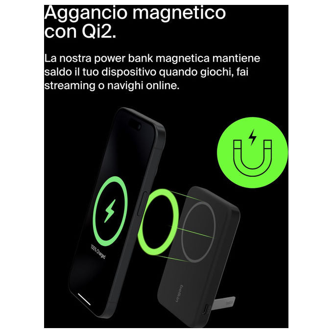 Belkin BPD006BTBK BoostCharge Pro Power Bank Wireless Qi2 15W 5000 mAh MagSafe Supporto Integrato colore Nero