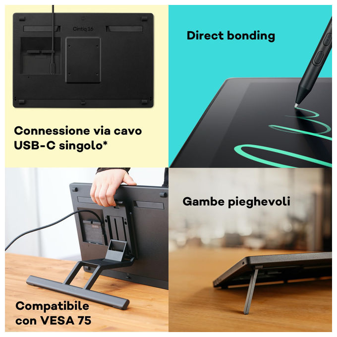 Wacom, Tavoletta Grafica con Schermo Cintiq 16, 345 x 215 mm, 2.5K, Penna Pro 3, Antiriflesso, Nero