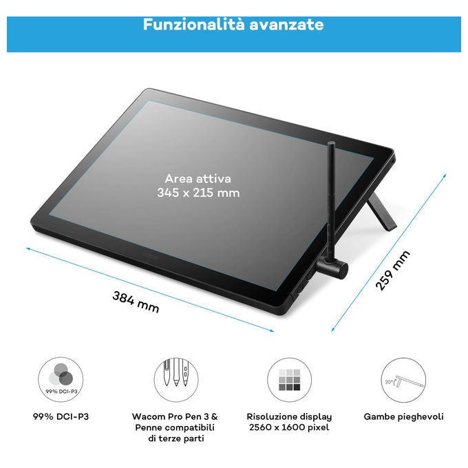 Wacom, Tavoletta Grafica con Schermo Cintiq 16, 345 x 215 mm, 2.5K, Penna Pro 3, Antiriflesso, Nero