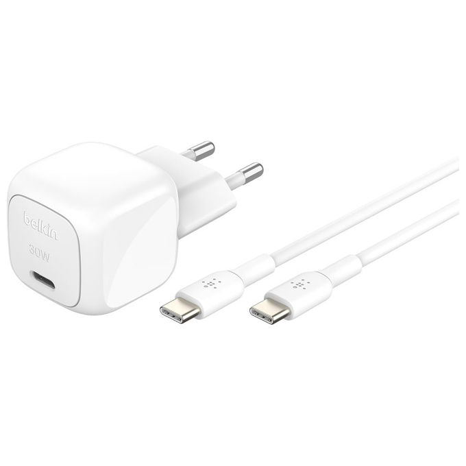 Belkin, Caricabatterie da Muro USB-C, 30W, Ricarica Rapida, BoostCharge con Cavo USB-C Incluso, Bianco