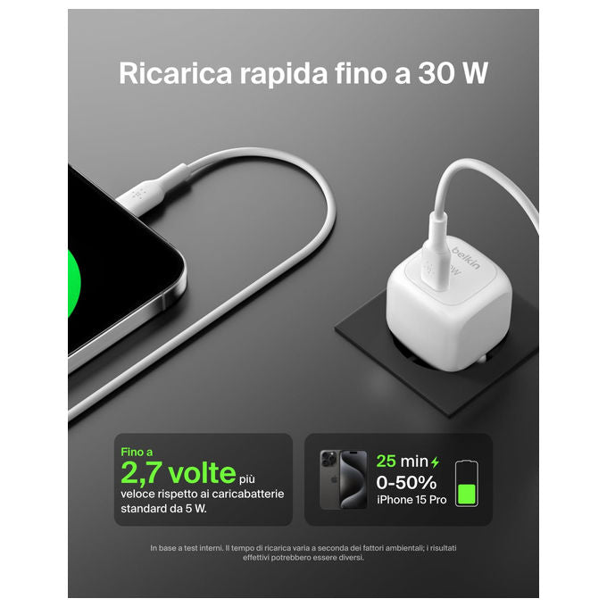 Belkin, Caricabatterie da Muro USB-C, 30W, Ricarica Rapida, BoostCharge con Cavo USB-C Incluso, Bianco