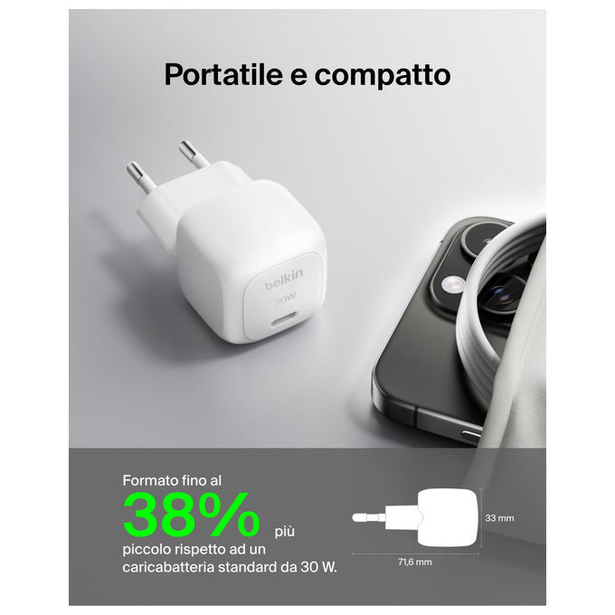 Belkin, Caricabatterie da Muro USB-C, 30W, Ricarica Rapida, BoostCharge con Cavo USB-C Incluso, Bianco