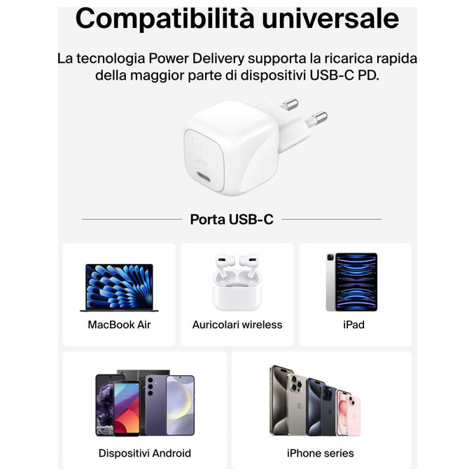 Belkin, Caricabatterie da Muro USB-C, 30W, Ricarica Rapida, BoostCharge con Cavo USB-C Incluso, Bianco
