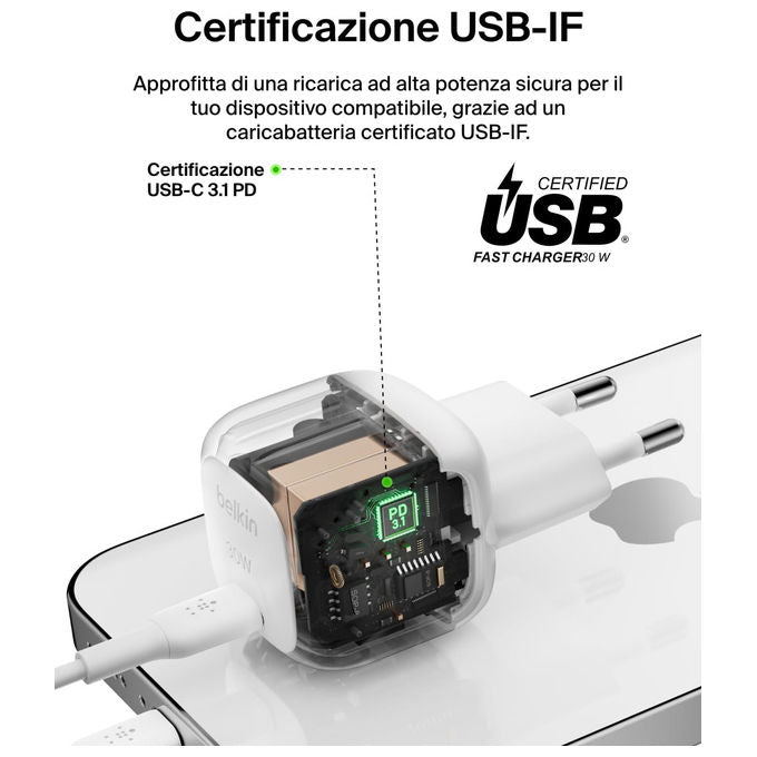 Belkin, Caricabatterie da Muro USB-C, 30W, Ricarica Rapida, BoostCharge con Cavo USB-C Incluso, Bianco