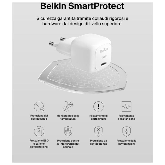 Belkin, Caricabatterie da Muro USB-C, 30W, Ricarica Rapida, BoostCharge con Cavo USB-C Incluso, Bianco