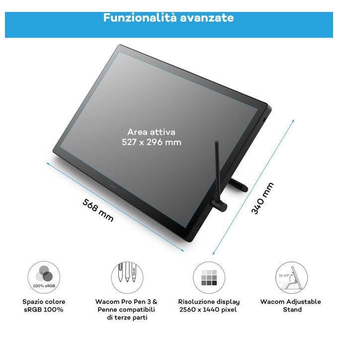Wacom, Cintiq 24, Tavoletta grafica con schermo, 2.5K, Con penna Wacom Pro Pen 3, Supporto regolabile, Vetro antiriflesso