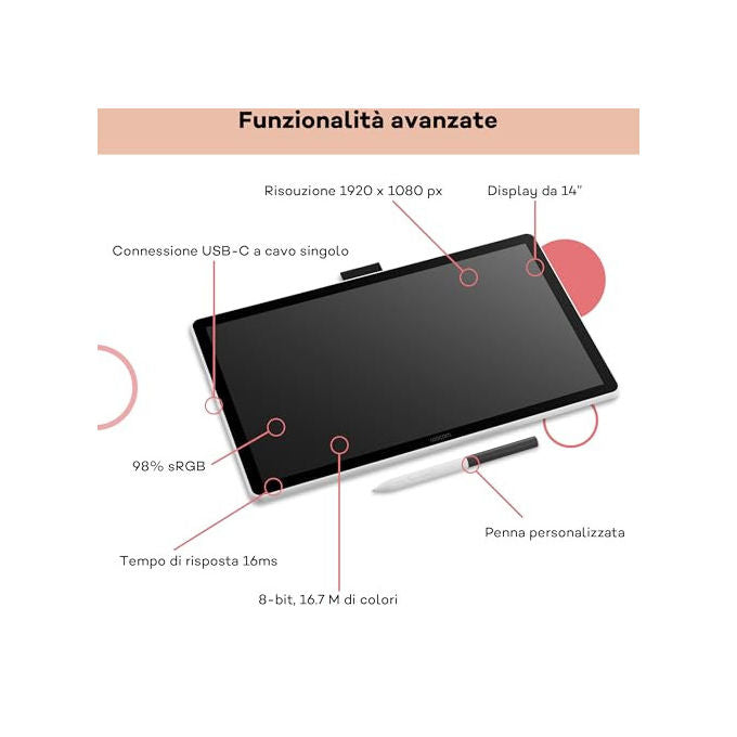 Wacom One 14, Tavoletta Grafica, 14'' Full HD, Penna Senza Batteria, Nero e Bianco