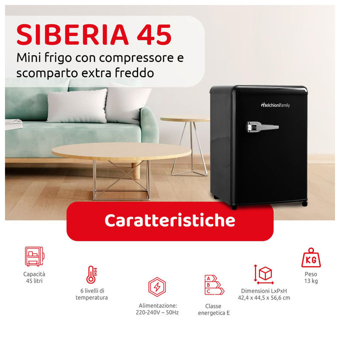 Melchioni 118700260 Siberia 45 Minifrigo Vintage 45 L 58 cm Classe E 45 dB Compressore colore Nero