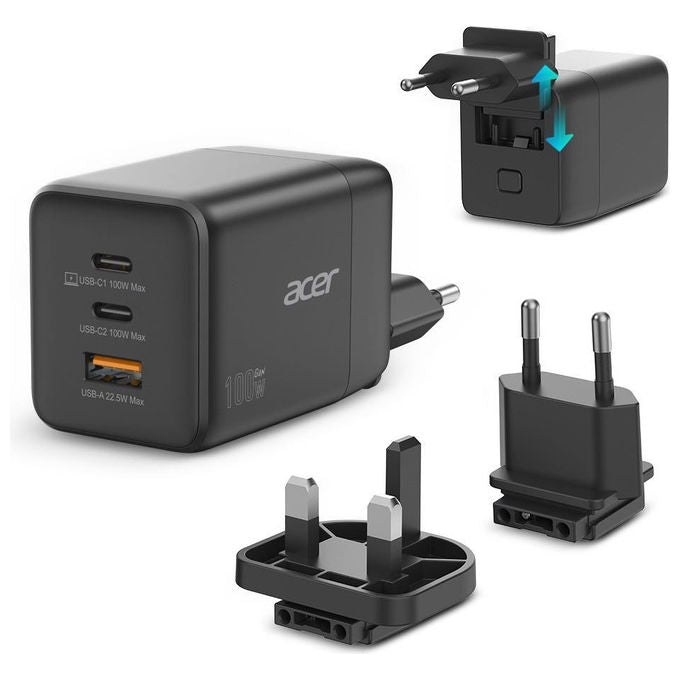 ACER Caricabatterie Universale Nero AC, Ricarica Rapida 100W GAN, per Dispositivi Mobili