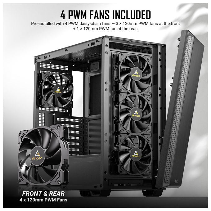 Antec P7 S, Case PC Mid-Tower, 4 Ventole PWM, Aspirazione Frontale a Doppia Rete Laterale, Supporto Radiatore 360 mm, Type-C 3.2 Gen 2