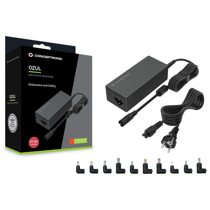 Conceptronic, Caricabatteria Universale per Laptop, 90W, con 10 Connettori, Nero