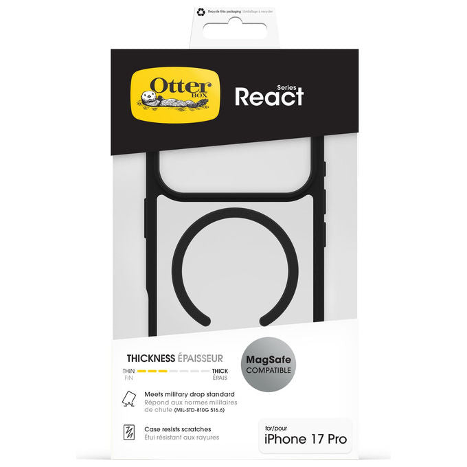 OtterBox, Cover React Series MagSafe, Antiurto, Ultrasottile, Trasparente-Nero, Per iPhone 17 Pro