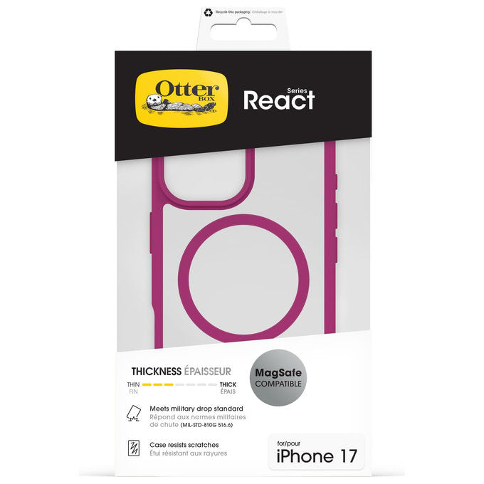 OtterBox, React Series MagSafe, Cover iPhone 17, Ultrasottile, Resistente a shock e cadute, Trasparente-Rosa
