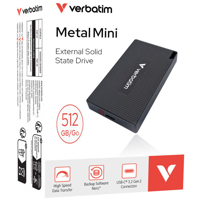 Verbatim, SSD Esterno 512 GB, USB Tipo-C, USB 3.2 Gen 2x2, Grigio