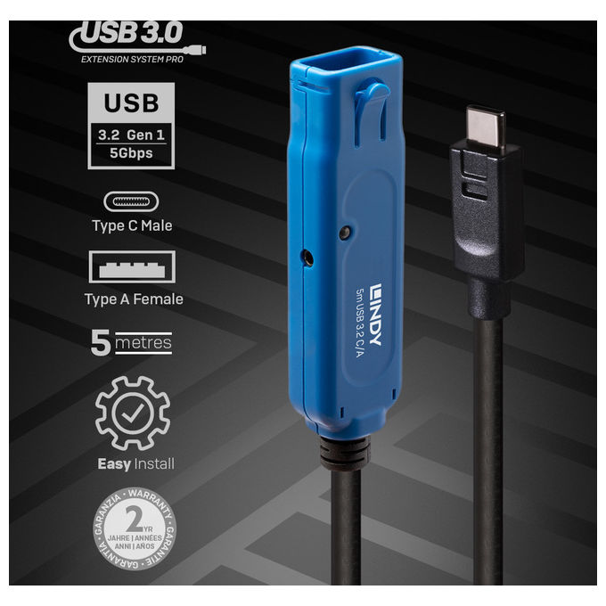 Lindy, Cavo USB 3.2 Gen 1, USB C, USB A, 5 m, Prolunga Attiva, Nero