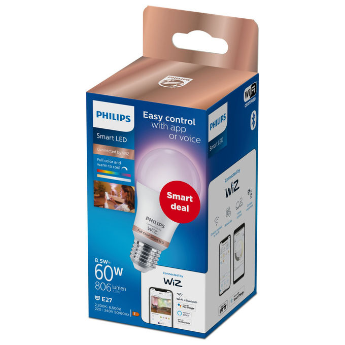 Philips, Lampadina LED Smart, E27 8.5W, Multicolore, Wi-Fi-Bluetooth, Amazon