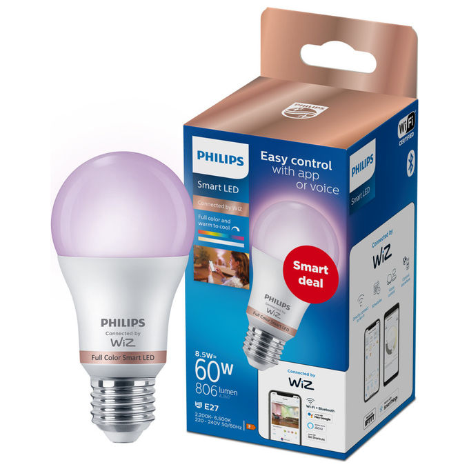 Philips, Lampadina LED Smart, E27 8.5W, Multicolore, Wi-Fi-Bluetooth, Amazon