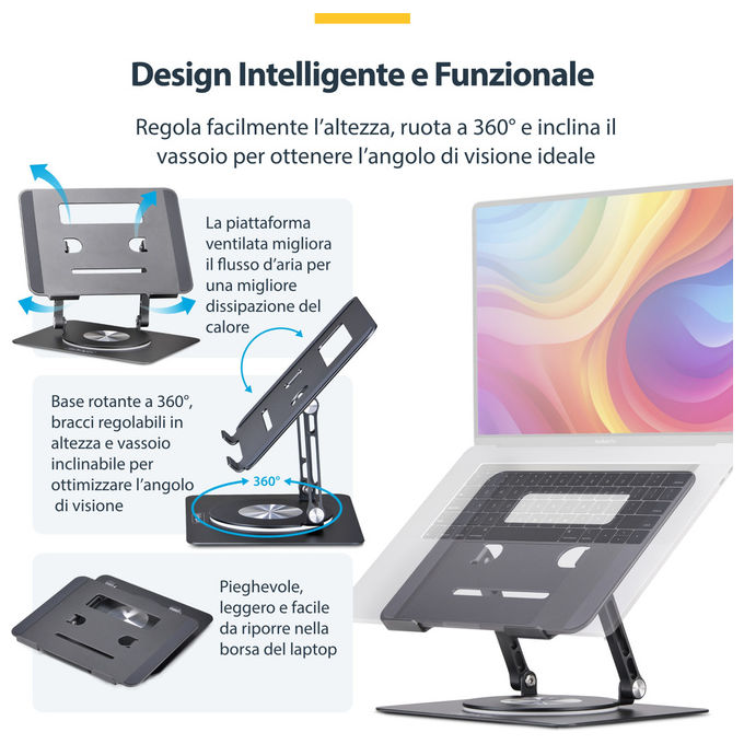 StarTech.com, Supporto PC Portatile Girevole a 360°, Rialzo Scrivania Ergonomico, Inclinazione Regolabile, Alluminio
