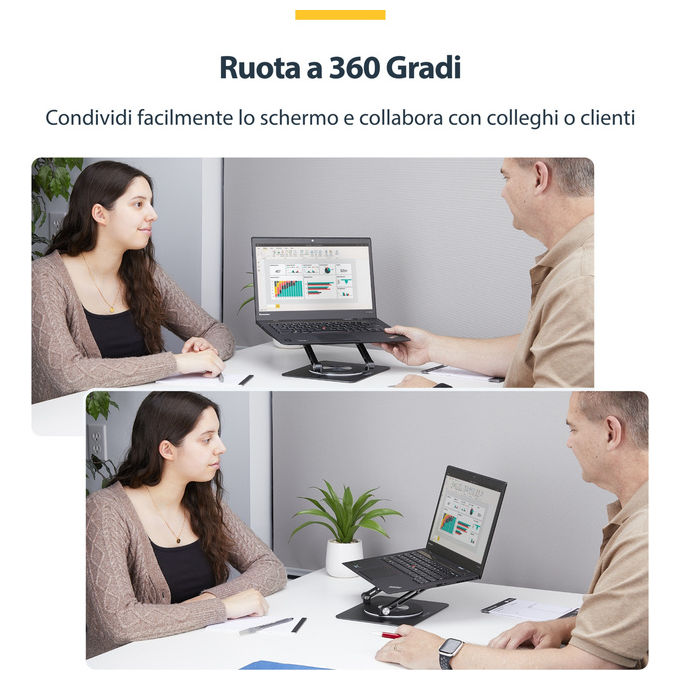 StarTech.com, Supporto PC Portatile Girevole a 360°, Rialzo Scrivania Ergonomico, Inclinazione Regolabile, Alluminio