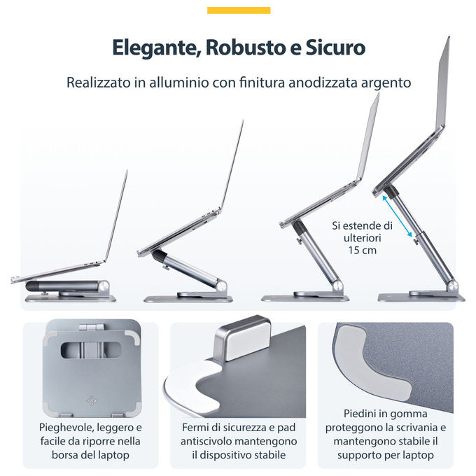 StarTech.com, Supporto PC Portatile con Base Girevole 360°, Regolabile in Altezza, Alluminio, Argento