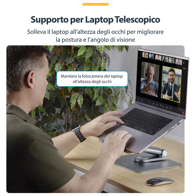 StarTech.com, Supporto PC Portatile con Base Girevole 360°, Regolabile in Altezza, Alluminio, Argento