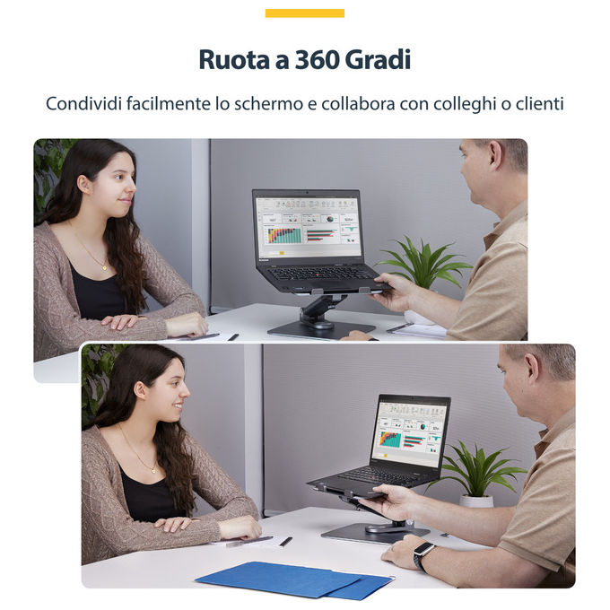 StarTech.com, Supporto PC Portatile con Base Girevole 360°, Regolabile in Altezza, Alluminio, Argento