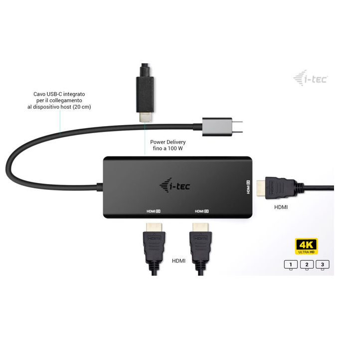 I-tec, Adattatore Video USB-C Triplo 4K HDMI, Power Delivery 100W