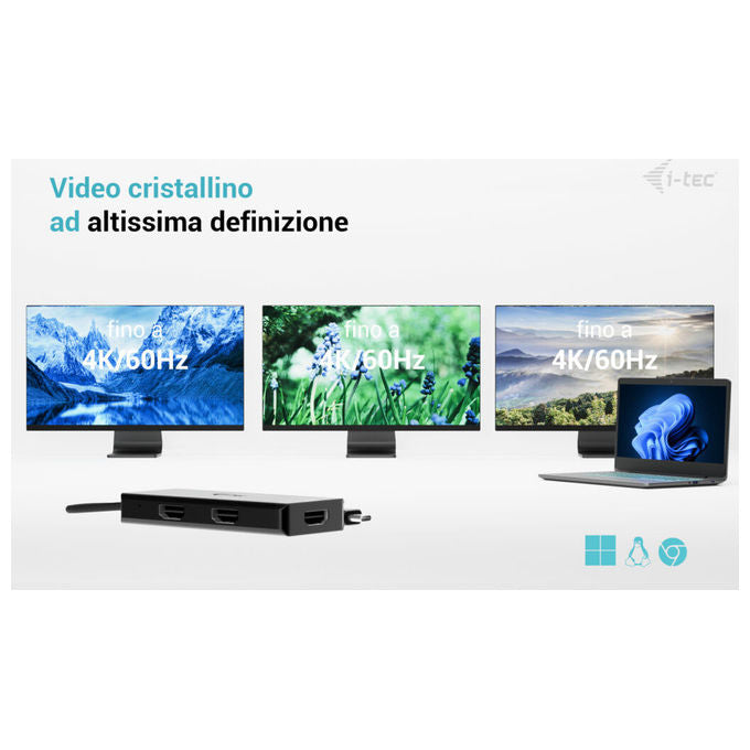 I-tec, Adattatore Video USB-C Triplo 4K HDMI, Power Delivery 100W
